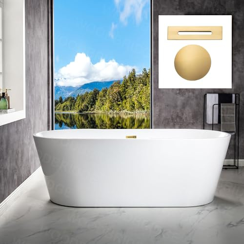 WOODBRIDGE 71 Acrylic Freestanding Bathtub Contemporary Soaking White Tub with Brushed Gold Overflow and Drain,B1701-BG