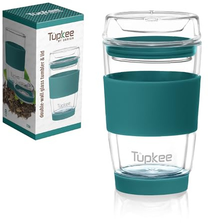 Tupkee dubbelvägg glas tumlare – 236 ml, alla glas återanvändbara isolerade te-/kaffemugg och lock, handblåst glas resemugg – cyan