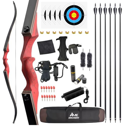 60 Schwarzer Jäger Original Recurve Bogen Set Amerikanischer Jagd-Langbogen Bogenschießen Holzbogen 20-60lbs Rechts/Linkshänder für Bogenschießen Jagd Schießen Praxis (Rechte Hand Set rot, 55Ibs)