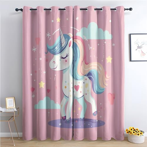 Vorhänge Einhorn - Kinder Mädchen Süße Rosa Fenster Gardinen mit Ösen, Vorhang Blickdicht Verdunklungsvorhänge Thermovorhang für Wohnzimmer Schlafzimmer Deko 2er Set, H 137 x B 117 cm T-&145