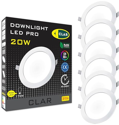 CLAR LED Einbaustrahler Rund 230V – Decken Downlight Panel Light 20W (Pack 6)