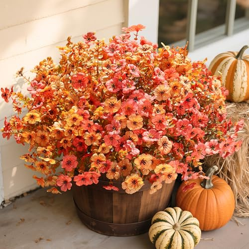 florisso Artificial Fall Flowers Fake Mums for Outdoor Autumn Decoration, 12 Bundles Faux Silk Orange Yellow Mums Daisy Look Real UV Resistant for Outside Home Porch Patio Planter