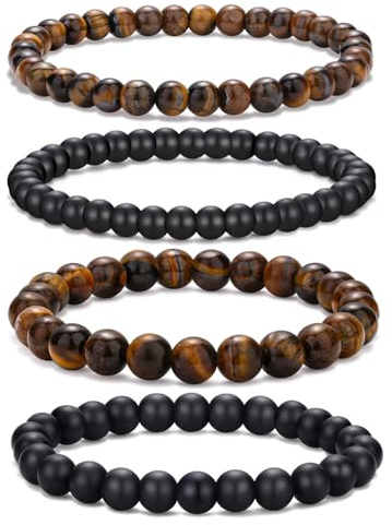 RANKEEF Pulsera de cuentas hombre, pulsera de piedra natural de 6 mm/8 mm para hombre juego de pulseras de cuentas pulsera de cuentas negras pulsera elástica para hombre pulsera ojo de tigre