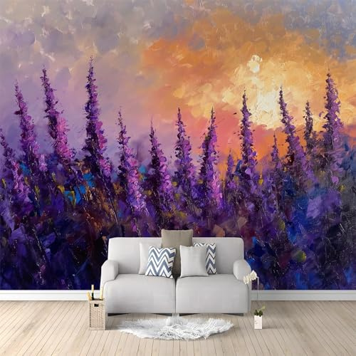 Custom Oil Painting Plant Heather Panoramic Wall Mural, Purple Wallpaper 450 x 315 cm (W x H), Modern Large-Scale Wall Art Mural Panoramic Poster for Living Room Bedroom Office
