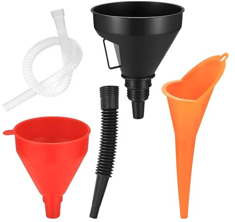 Ohleats Juego de 3 embudos de plástico de boca ancha con manguera larga flexible, embudo de combustible universal con boquilla extraíble y filtro para la mayoría de vehículos, accesorios exteriores