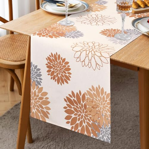 Inhobbok Table Runner Orange Yellow Grey Modern Flowers Linen Dahlia Attractive Farmhouse Geometric Table Centre Decor Boho Table Runner for Living Room Cabinet Dining Party Patio 33 x 183 cm