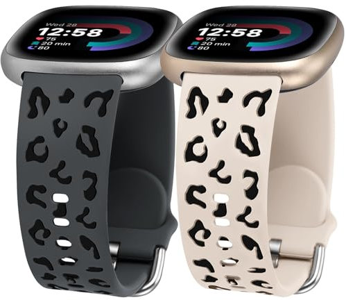 TOYOUTHS 2 Stück Leopard Gravierte Armband kompatibel mit Fitbit Versa 4/Versa 3/Sense 2/Sense Armband, Frauen Männer Zweifarbig Gepard Sport Loop Silikon Armbänder für Versa 4, Schwarz/Polarstern