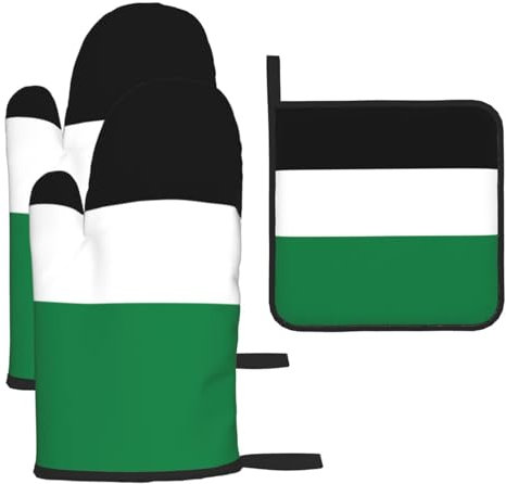 YYHHAOFA Lot de 3 gants de cuisine imperméables et durables pour four et manique - Anti-brûlure et isolation thermique - Motif drapeau de l'État de Palestine
