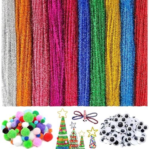 Barlone 260 Stück Pfeifenputzer zum Basteln Glitzer Set, 200 Pfeifenputzer Glitzer Chenilledraht Bunt Pfeifenreiniger zum Basteln mit 60 Pfeifenputzer Zubehör Plüschbälle und Augen, für DIY Projekte