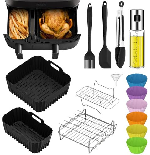Heißluftfritteuse Zubehör für Philips Dual Basket Airfryer 3000/5000 Serie, Airfryer Zubehör Set für Philips XXL NA352/00 (6L/3L) Inkl Silikonform Grillrost Kuchen Brotform & praktischen Einsätzen