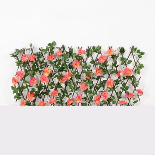 Emiif Treillis extensible en bois avec fleurs et feuilles artificielles, clôture brise-vue pour balcon, cour, décoration murale (rose foncé)