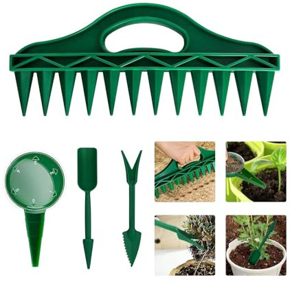 Set da Giardinaggio 4 Pezzi – 12 Fori Seminatrice, Distributore di Semi, Forchetta da Piantare, Paletta da Trapianto, Attrezzi per Semina, Trapianto e Cura delle Piante
