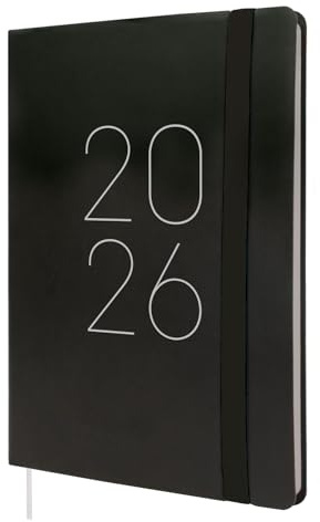 Finocam - Agenda 2026 Semana Vista Vertical | Enero - Diciembre (12 meses) | Agenda A5 con goma elástica y cinta punto | Tapa Blanda Flexi Lisa - Negro - Español