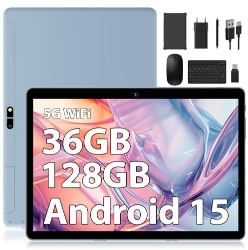 FASTWD Tablet Android 15,36GB+128GB/1TB Tablet 10 Pollici,8000mAh,1280 * 800 IPS,Widevine L1,Face ID/5G WiFi/BT5.0/OTG,Tablets in offerta con Tastiera,Mouse,Blu