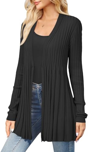 Arach&Cloz Strickjacke Damen Lang Wolle Blend Wasserfall Cardigan Langarm V-Ausschnitt Strickmantel mit Knopf Schwarz, M