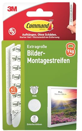Command 17217WHI-4-DE - Lot de 4 x 2 (8 bandes) - Fixation blanche sans perçage - Pour cadres photos, miroirs et autres décorations - XL (extra large)