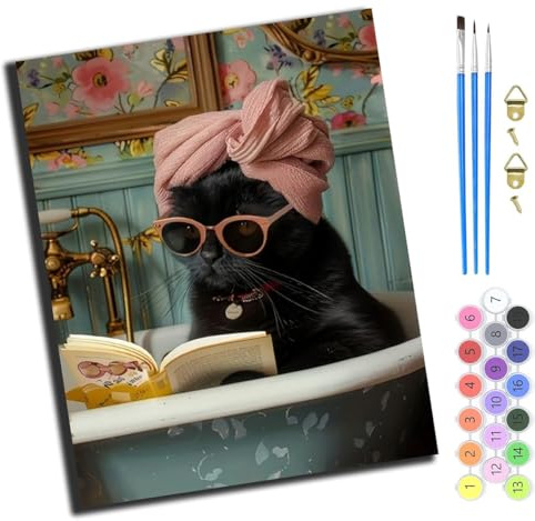XIAOYOUQIAN Stilvolle Schwarze Katze In Der Badewanne,Malen Nach Zahlen Erwachsene,Inklusive Pinsel Und Acrylfarben,40X50Cm,Diy Handgemalt Ölgemälde Kit,Ohne Rahmen