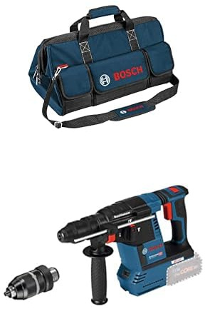Bosch Professional Handwerkzeugtasche Größe L + Bosch Professional 18V System Akku Bohrhammer GBH 18V-26 F (Tiefenanschlag, Maschinentuch, Schnellwechselbohrfutter 13mm, Wechselfutter SDS plus)