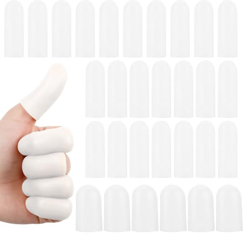 Matwsec 30 Pcs Silicone Finger Protectors Waterproof Finger Cots Soft Thumb Cover High Elastic Fingertip Bandages for Cracked Skin Blisters Calluses Nude (White, 24pcs Large + 6pcs Small)