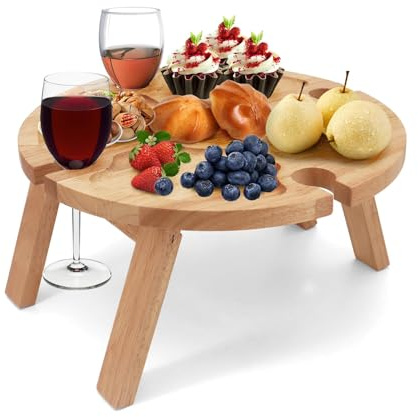 Portable Folding Picnic Table with Wine Glass Holder – Outdoor Wooden Design for Easy Setup Ideal for Picnics Gatherings and Travel Convenience
