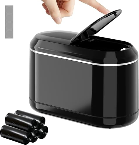 PAVSTINE Bordsavfallskorg Med Popup-Lock, Halvlock, Mini-Bordsavfallskorg, Avfallskorg Innehåller 5 Rullar Avfallspåsar Och 4 Halkskyddsmattor, Bordsavfallskorg för Skrivbord, Svart