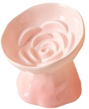 LE SERVETA Elevated Ceramic Cat Bowl, Tilted Slow Feeder Pet Dish with Gradient Color Coating, 3.3 Ounces Capacity, Anti-Gulping Design with Rose Bouquet Design (Gradient Pink)