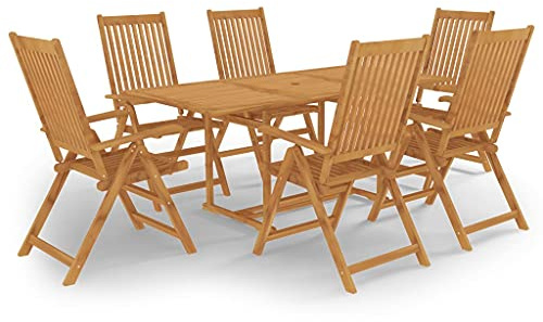 Ziaphsol 7-Piece Garden Dining Set Solid Teak Wood 180 x 90 cm Table with Parasol Hole, 6 Adjustable Folding Chairs for Patio and Garden, Water-based Varnish