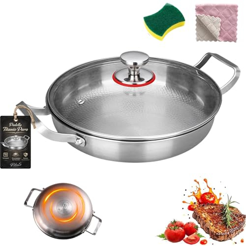 Generico 2026 Versione Padella Titanio Puro, Padelle in Titanio 26/28/30/32 cm, Padella Titanio Non Rivestita, Adatta a Piani Cottura a Induzione (Coperchio Incluso, 28cm)