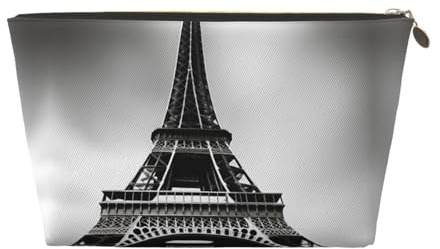 Gold Leather Travel Toiletry Bag – Reusable Black Paris Eiffel Tower Print Cosmetic Makeup Organizer Pouch – Portable Soft Storage Bag