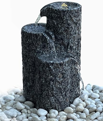 Dehner Gartenbrunnen Heidelberg, Outdoor-Brunnen mit warmweißer LED Beleuchtung, 28 x 42 x 28 cm, Granit, grau