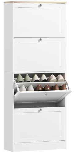 HOMCOM - Zapatero de 24 pares, armario de zapatos estrecho moderno con 4 cajones plegables y estantes ajustables, para pasillo y entrada, 60 x 23,5 x 151 cm, color blanco