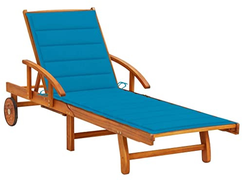 SooIarix Sedia a sdraio con cuscino in legno di acacia massiccio, regolabile, con tavolo allungabile e ruote, 200 x 67 cm, comoda sedia a sdraio per giardino, terrazza e campeggio