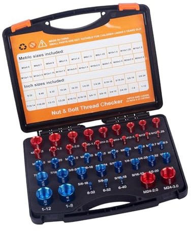 VBESTLIFE Comprobador de Roscas Completo 44 Piezas Calibre Identificador de Tuercas y Pernos para Reparación de Mantenimiento, Calibre de Rosca Métrico SAE para Profesionales, Material Aluminio para