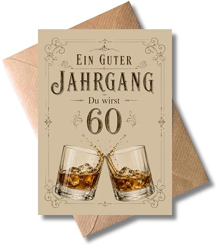 WBdesignz lustige Geburtstagskarte 60. Geburtstag „Ein Guter Jahrgang - Du wirst 60 mit Umschlag - Vintage Whisky-Gläser - Edles Retro-Design - Glückwunsch Karte für Männer zum Sechzigsten (DIN A6)