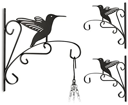 Relaxdays 3 x Blumenhaken mit Vogel, Blumenampelhalter für Wand, Topf, Garten-Deko Kolibri, HxBxT: 30 x 27,5 x 2 cm, schwarz