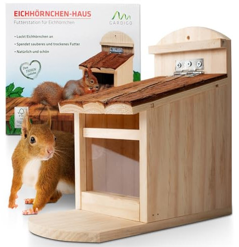 GARDIGO® Mangiatoia Scoiattoli | Casetta da Giardino Ecologica | Casa Scoiattolo | Casetta in Legno da Giardino | In Legno Massello, Finestra in Plexiglass | Distributore di Mangime - ca. 11x20x23cm