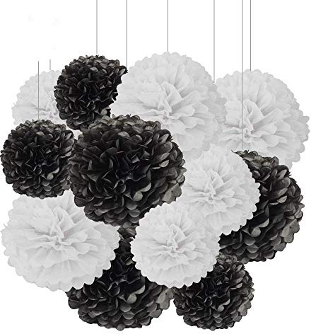ZooYoo 12 Stück schwarze und weiße hängende Pompons aus Seidenpapier für partydeko,decke,wand,seidenblumen– 2 Farben à 30,5 cm, 25,4 cm