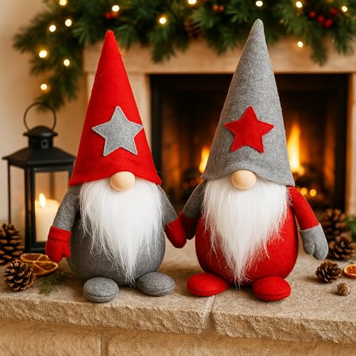 KAMACA 2er-Set Weihnachtswichtel ca. 25 × 15 cm in Rot & Grau mit Zipfelmütze flauschigem Rauschebart Deko für Fensterbank Kaminsims Geschenkidee Weihnachten Winter (2er Set Wichtel grau rot)