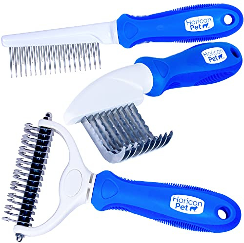Horicon Pet Ultimate Pet Dematting & Deshedding Set - 3 in 1 Grooming Tool Set - Dual Sided Undercoat Rake, Dematting Razor Comb & Detangling Pet Comb