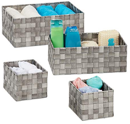 Relaxdays Aufbewahrungskorb 4er Set, geflochten, Körbchen Badezimmer, eckig, 3 Größen, Kunststoff, Flechtkorb, grau