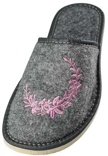 APREGGIO Damen Filz-Hausschuhe – Bequeme Slippers mit Gummisohle, Warme Indoor-Schuhe, Grau & Rosa, Größe 39