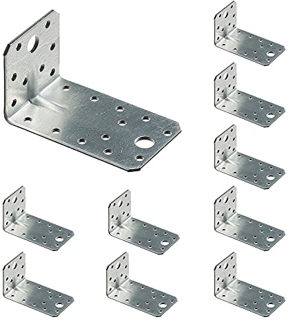 VHG Angle Brackets for Wood Pack of 10 (90 x 50 x 55 x 2) - Heavy Duty Corner Braces, Metal L Shape With Beading, Galvanised Steel Sheet 90 Degree, Reinforced Fixing Connectors