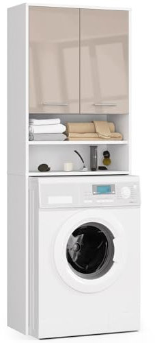 AKORD | Armadio Pensile per Lavatrice | Armadio di trasformazione con 2 ante, 2 Ripiani Aperti | Archivio per bagno | Cassettiera per lavatrice | 64x180x30 cm | Peso 30 kg | Bianco | Cappuccino lucido