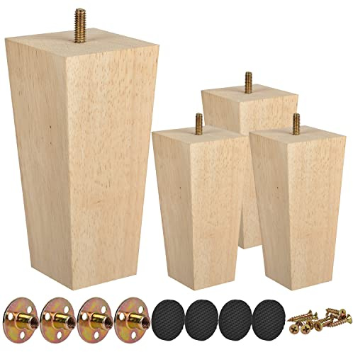 TCHOSUZ 5 Inch / 12cm Wooden Furniture Legs, Set of 4 Solid Wood Mid-Century Modern Pyramid Replacement Feet, Square Sofa Legs with M8 Bolts & Anti-Slip Pads for Ottoman Table Dresser Unfinished