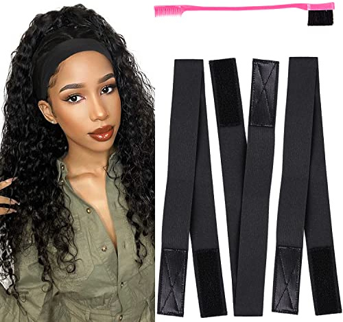 AliLeader Wig with Velcro, 3.5cm Width Elastic Edge Band for Laying Down Wigs, Wig Melt Band for Edges with Velcro, Elastic Edge Laying Band (3pcs Melt Band+1Pcs Hair Edges Brushes), Black