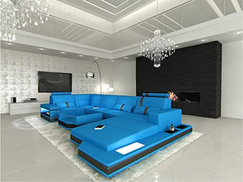 Sofa Wohnlandschaft Messana U Form Leder - mit LED Beleuchtung, verstellbare Kopfstützen, Recamiere/Lederfarben wählbar/Ausrichtung Ottomane wählbar (Ottomane rechts, Blau-Schwarz)