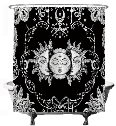 Ulticool Duschvorhang - Sonne Mond Sternzeichen Tarot Natur Bohemian - 180 x 200 cm – Anti Schimmel - Waschbar – Wasserdicht - mit 12 Ringe - Schwarz Weiß - Halloween Deko Gothic