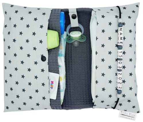 Große Windeltasche für unterwegs mit Namen personalisiert - für Jungen und Mädchen - Wickeltasche mit Waffelpique - Sterne grau