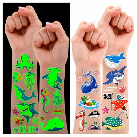 Leesgel 140 Tattoos für Kinder, Meerestiere Hai Pool Party Deko Geburtstag | Hautfreundlich Wasserfest, im Dunkeln leuchtend, Meerestiere Hai, Pool Party Deko, Kindergeburtstag Mitgebsel, Einschulung