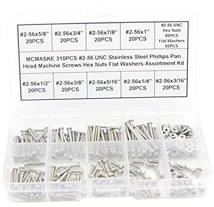 MCMASKE 310 Stück #2-56 UNC Edelstahl Kreuzschlitz Maschinenschrauben Sechskantmuttern Flache Unterlegscheiben Sortiment Kit